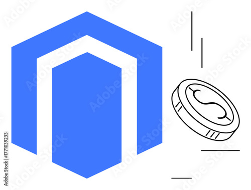 Blue hexagon geometry alongside falling coin concept. Ideal for e-commerce, investment, finance, technology, cryptocurrency, growth, economy. Minimalist design with simple flat metaphor