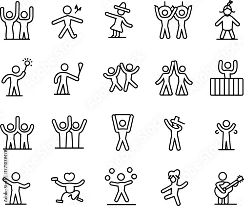 Human activity icons, black and white line drawing, minimalist sketch set, expressive poses, dancing, celebration, creativity, performance, stylized gestures
