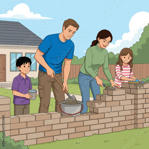 A happy family working together building a brick wall in their backyard on a bright sunny day
