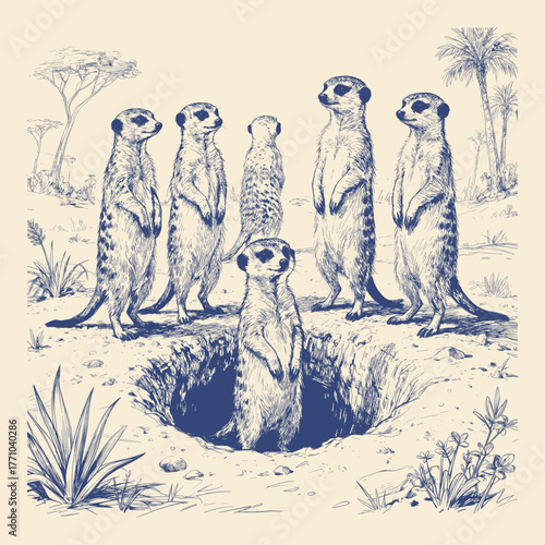 Hand drawn illustration of group of curious meerkats standing together around their burrow in the warm African savanna landscape under the bright sunlight