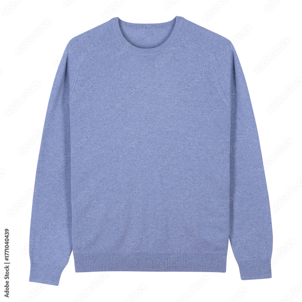 Fototapeta premium Soft periwinkle blue crew neck sweater with fine knit texture and ribbed cuffs and hem, isolated on white background. Ideal for spring or fall fashion and pastel color styling
