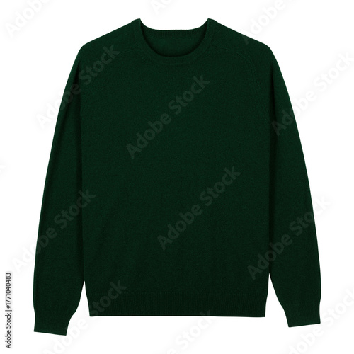 Rich forest green crew neck sweater with soft knit texture and ribbed cuffs and hem, isolated on white background. Ideal for fall and winter fashion in deep jewel tones