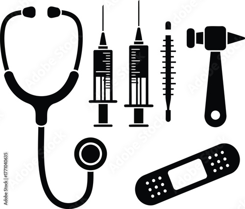 Medical healthcare icons set stethoscope syringes thermometer bandage otoscope vector illustration vector