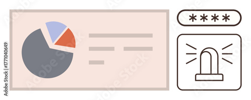 Pie chart analysis with textual data insights, password entry field, and alert notification. Ideal for data security, analytics, cyber protection, business management, risk analysis, online safety