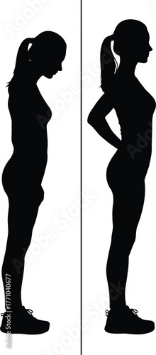 Woman silhouette posture correction comparison before and after good posture alignment vector