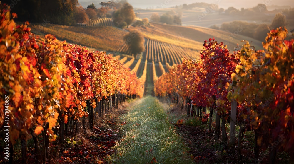 Naklejka premium Rolling hills showcase a vineyard with grapevines displaying vibrant autumn foliage during morning light
