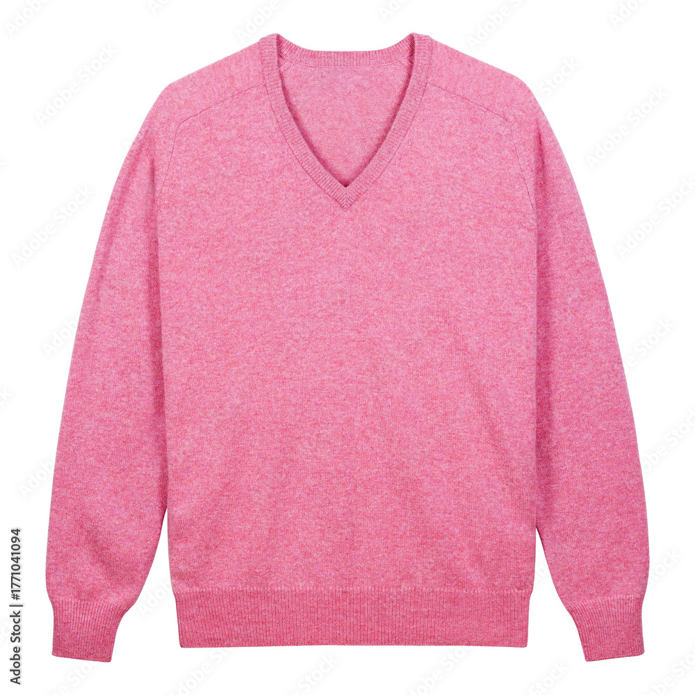 Fototapeta premium Light Pink cashmere V-neck sweater with long sleeves, soft texture, and ribbed cuffs. Elegant, warm knitwear isolated on white background, perfect for fashion, retail, or winter apparel design use