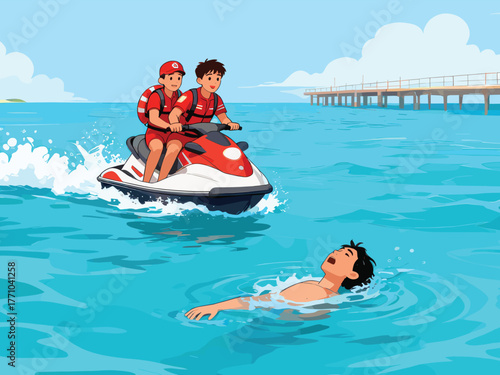 Brave lifeguards rushing on a jet ski to rescue a drowning swimmer in the bright blue ocean near the pier