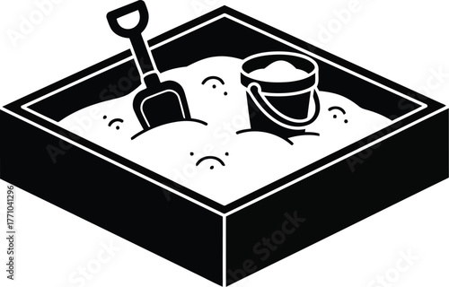 Simple isometric sandbox outline with shovel and bucket for kids play and outdoor activities vector