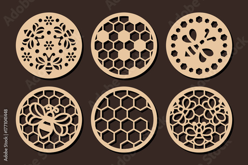 Set of laser cut circle shape coaster templates with bee and honeycomb ornament. Cnc cutting with metal, wood, paper, glass, leather, engraving. Round decorative panel design