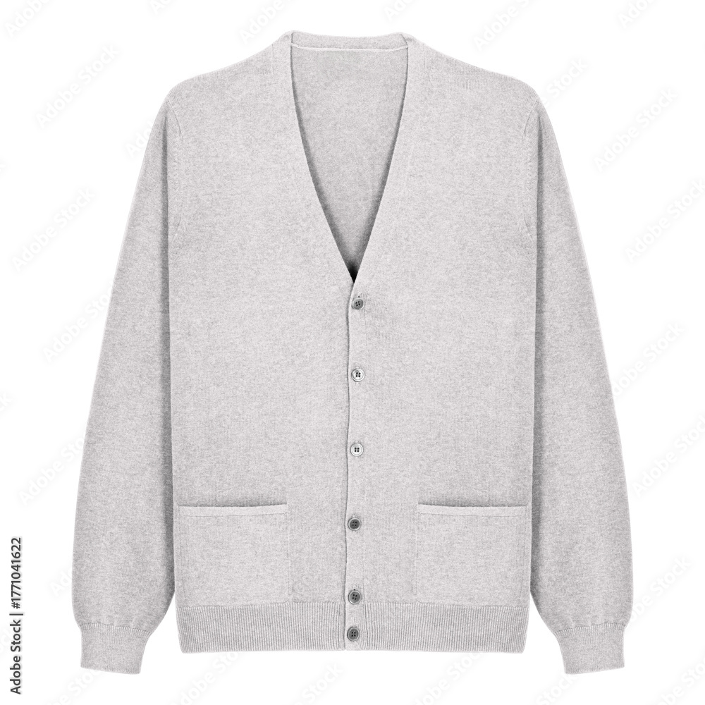 Fototapeta premium Elegant white cashmere V-neck cardigan with buttons and front pockets, isolated on white background. Soft, warm knitwear ideal for fashion catalogs, winter clothing, or online retail use