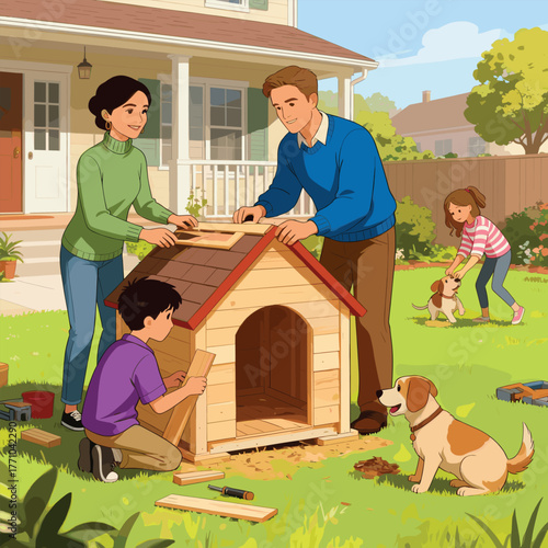 A happy family spending quality time together building a wooden dog house in their sunny backyard garden
