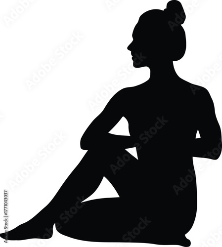 Silhouette of woman practicing yoga seated twist pose stretching body and mind for wellness vector