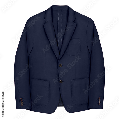 Trendy navy blue men’s blazer with buttons and pockets, classic lapel design, isolated on white background. Perfect for fashion, e-commerce, or clothing ads
