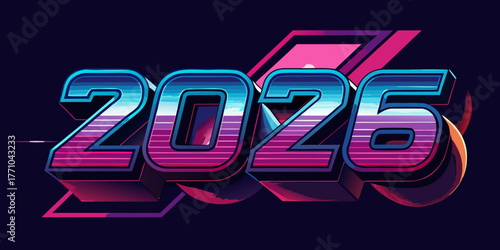 "2026 text in futuristic neon style, glowing light typography, cyberpunk theme, holographic effect, modern 3D vector, dark background, tech-inspired digital design, suitable for New Year banners and p