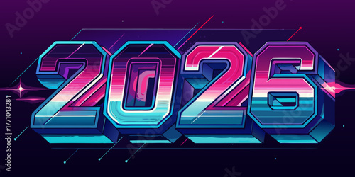 "2026 text in futuristic neon style, glowing light typography, cyberpunk theme, holographic effect, modern 3D vector, dark background, tech-inspired digital design, suitable for New Year banners and p