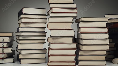 Stacks of Hardcover Books in Warm Tones Against a Gray Background