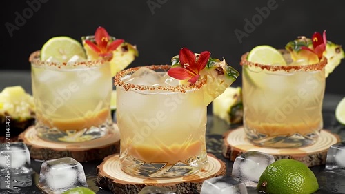 Three golden cocktails on wooden coasters with fruit garnish and ice