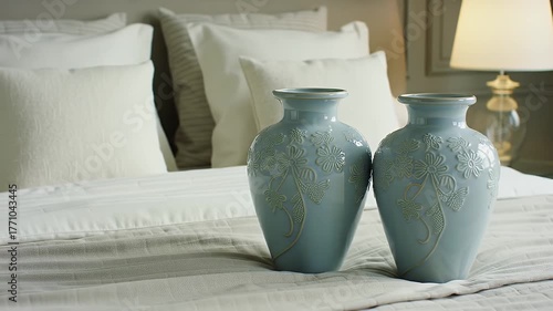 Two Blue Vases on a Bed With White Linens in Soft Light
