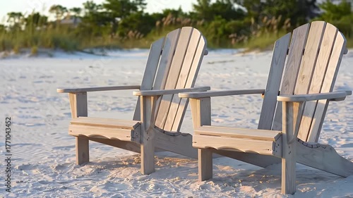 Two Beach Chairs On White Sand Near Green Trees at Sunset Light