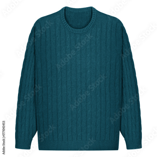 Deep teal blue cable-knit crew neck sweater with ribbed cuffs and hem, isolated on white background. Perfect for fashion, e-commerce, apparel design, and winter clothing concepts