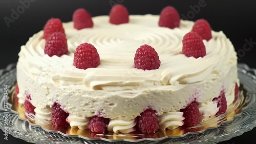 White Cream Cake Topped with Fresh Red Raspberries on a Silver Platter