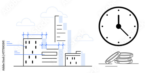 Buildings under construction framed with scaffolding, a clock highlighting time, and coins emphasizing financial investment. Ideal for urban planning, deadlines, economy, project management