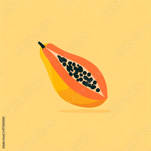 A stylized illustration of a halved papaya with seeds against a yellow background in simple art style