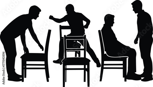 Teamwork activity silhouettes chairs people collaboration concept group diversity unity fun energetic poses vector