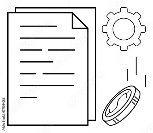Paper document, gear, and falling coin embody business transactions, system efficiency, and financial decisions. Ideal for finance, workflow, development, budgeting accounting administration
