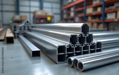 Detailed 3D rendering or illustration featuring gleaming steel and aluminum profiles along with various metalware, suitable for construction and engineering, arranged in a warehouse setting.