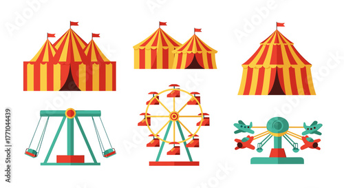Experience the Thrill of the Carnival with this Vibrant Set of Tents and Rides, Perfect for Adding Fun to Any Project or Design