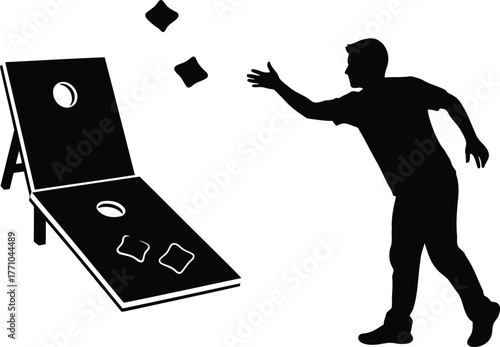 Silhouette of man playing cornhole game with throwing bags towards target board outdoors vector