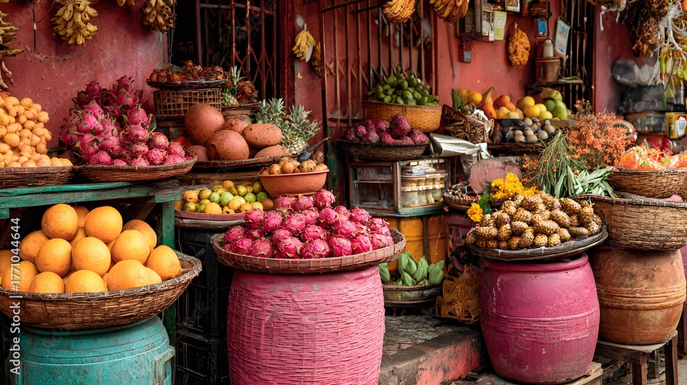 Fototapeta premium Abundant tropical fruits are displayed for sale at a colorful open air market stall