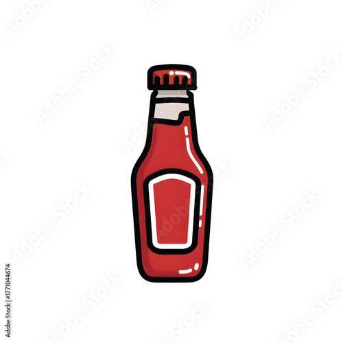 A cartoon style illustration of a red ketchup bottle with a white label and a red cap on a white background