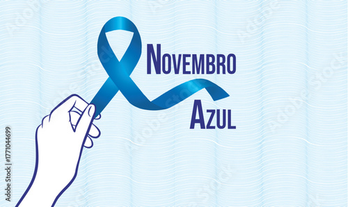 A hand holding a blue ribbon with the phrase November Blue written in Brazilian Portuguese.eps