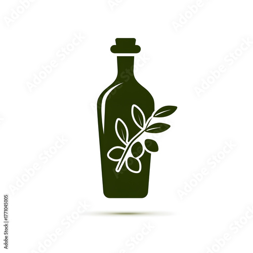 A dark green olive oil bottle with a cork and an olive branch on the side on a white background