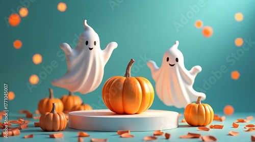Whimsical Halloween scene featuring two playful ghost figures and several cheerful orange pumpkins on a teal background with festive lights.