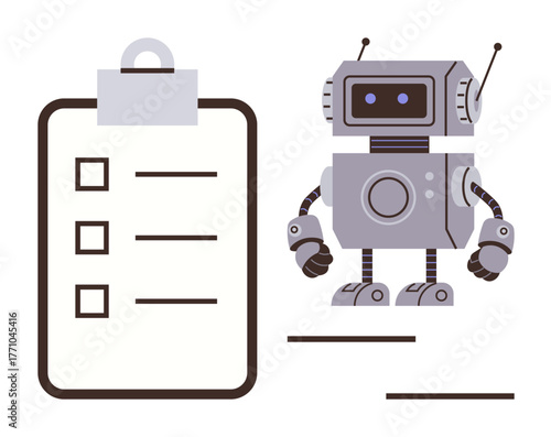 Robot alongside a checklist with tasks. Ideal for automation, robotics, workflow, AI management, productivity, technology, efficiency concepts. Simple flat metaphor