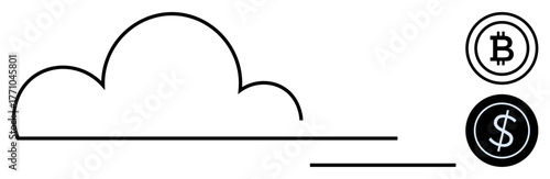 Minimalist cloud outline beside Bitcoin and dollar icons symbolizing digital currency, financial technology, blockchain, and cloud computing. Ideal for fintech, cryptocurrency, cloud services