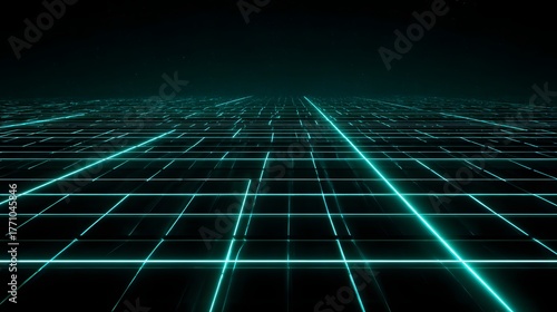Wallpaper Mural Glowing neon grid lines extend toward a dark horizon in abstract digital space Torontodigital.ca