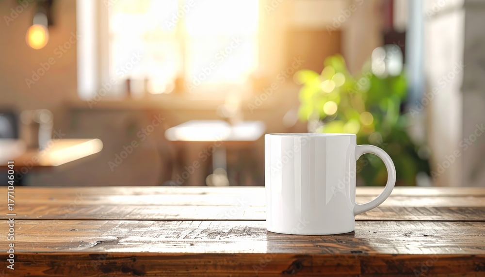 Fototapeta premium White coffee cup placed on a rustic wooden table with natural light illuminating the scene for a cozy atmosphere 