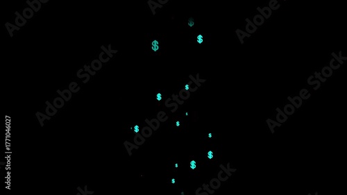 Falling Teal Dollar Signs on Black Background with Subtle Blue Glow money currency