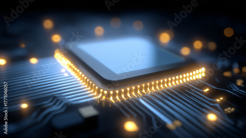 Close view of a modern processor package seated on a board, expressing computational power, reliability, and advanced engineering for contemporary devices.
