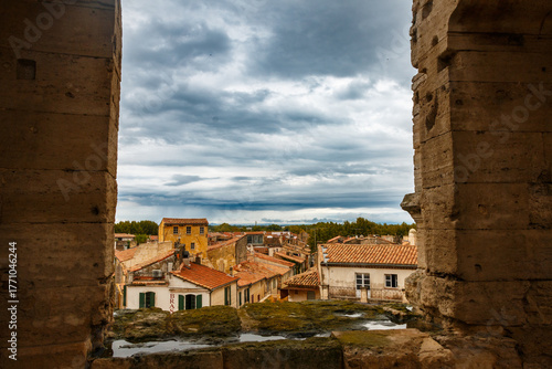 Arles France in Provence View of the Rhone from the Coliseum with Storm Clouds