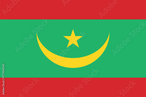 The national flag of Mauritania with its green field, red stripes, and golden crescent and star.