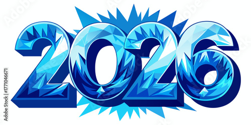 "2026 text made of frozen ice crystal effect, winter frost typography, blue and white gradient, snowflake texture, 3D cold design for New Year and winter backgrounds"