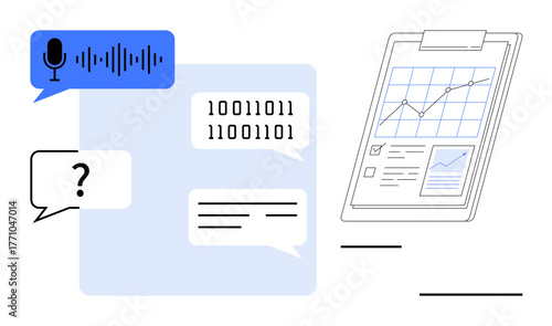 Speech bubble with voice input, binary code, and text, alongside clipboard graph analytics. Ideal for AI, data science, communication, technology, machine learning digital transformation simple