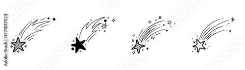 Doodle black and white icons of hand drawn flying shooting stars set.