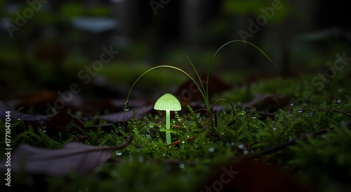 Glowing Green Mushroom in Forest – Bioluminescent Nature Photography